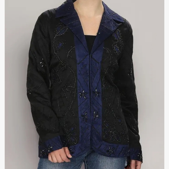 Chicos Excitement Zira Jacket Black And Blue Moonscape size 2 Silk Cotton Linen - Picture 1 of 11